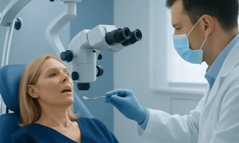 Dentist examining patient's mouth with microscope in clinic.