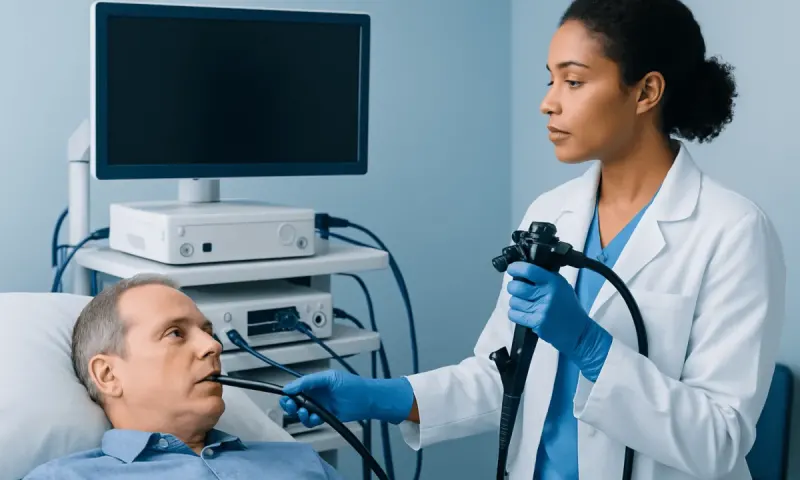 Endoscopy procedure for esophagus cancer diagnosis in a hospital setting.