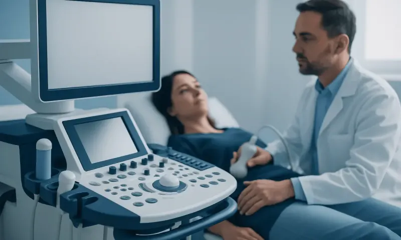 Doctor performing ultrasound examination on patient in hospital setting.