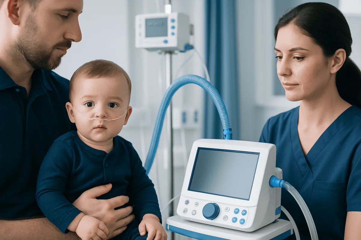 Pediatric patient with nasal oxygen tube receiving care in hospital.