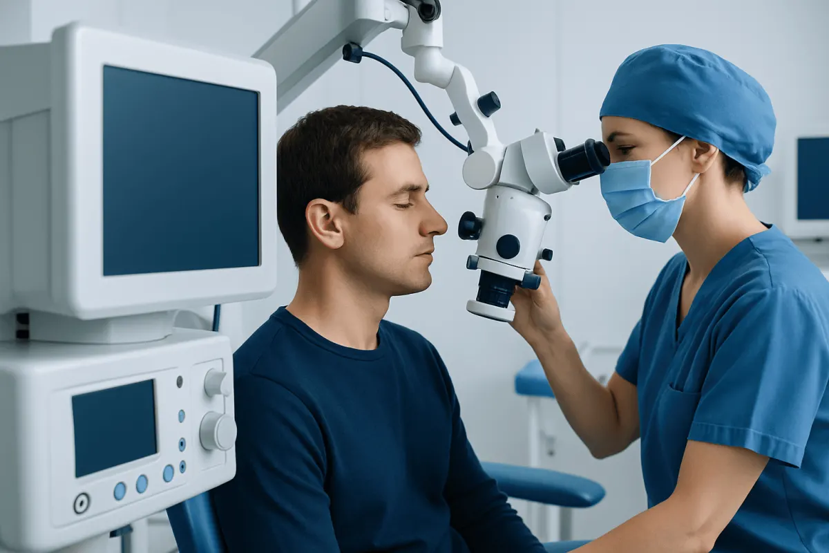 Surgeon performing ear reconstruction surgery with advanced microscope equipment.