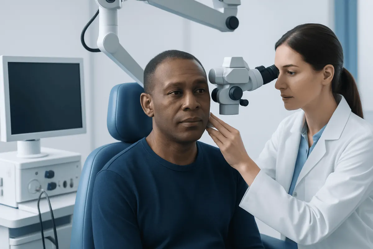ENT specialist examining patient's ear with microscope in clinic.
