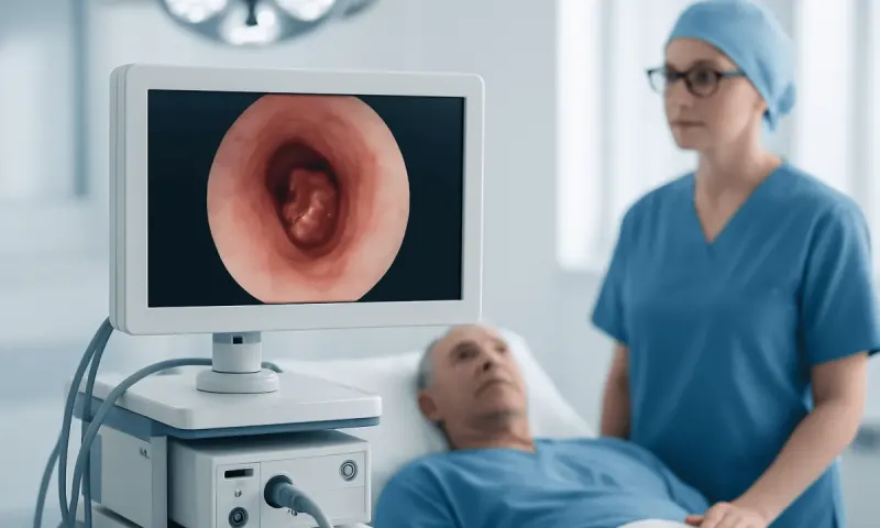 Endoscopy procedure showing the esophagus with a medical professional and patient.