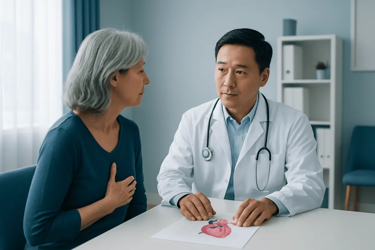 Doctor discussing breast health with an older female patient in a clinic.