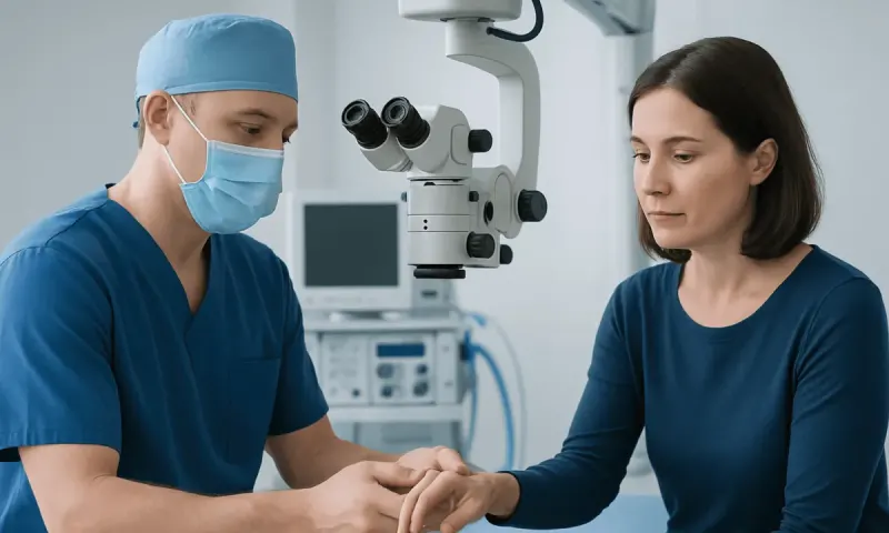 Surgeon examining a patient's hand in a medical clinic setting.