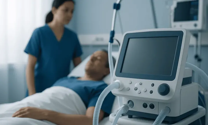 Hospital patient monitor in a medical care setting with a patient and nurse.