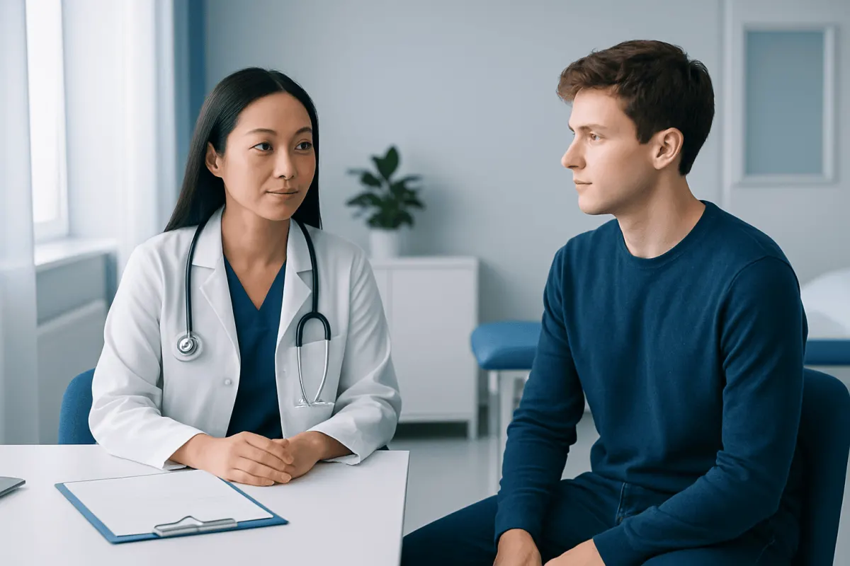 Doctor consulting with a male patient in a modern clinic setting.