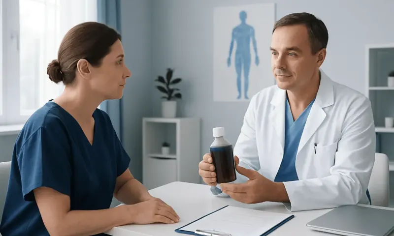 Doctor explaining iodine medication to patient in a medical consultation.