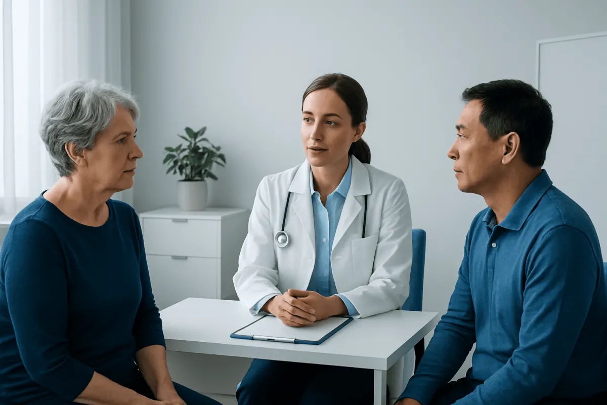 Doctor consulting with elderly female patient and male companion in clinic.