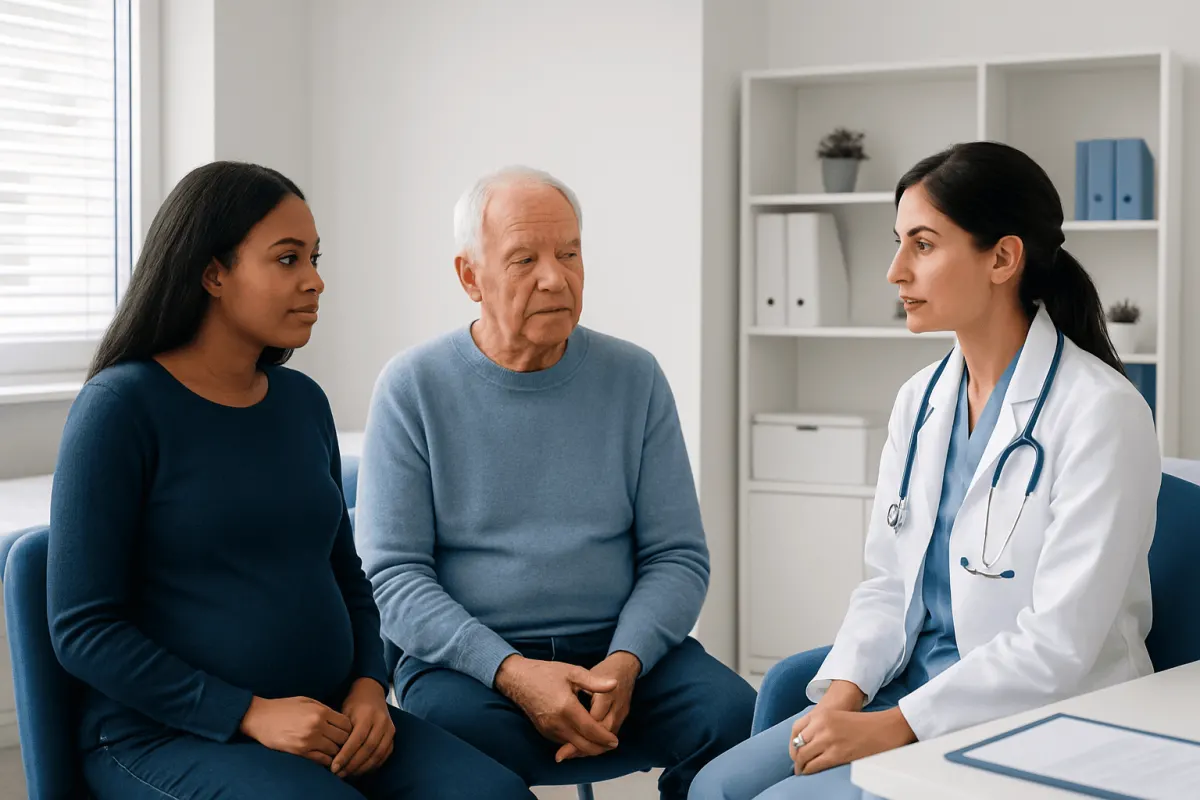 Doctor consulting with two patients in a medical office setting.