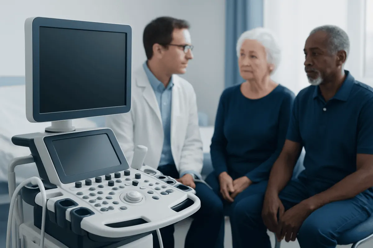 Doctor consulting elderly patients with ultrasound machine in clinic.