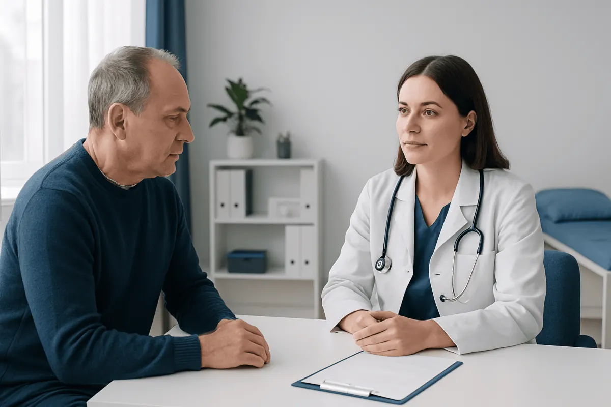 Doctor consulting with an elderly male patient in a medical office.