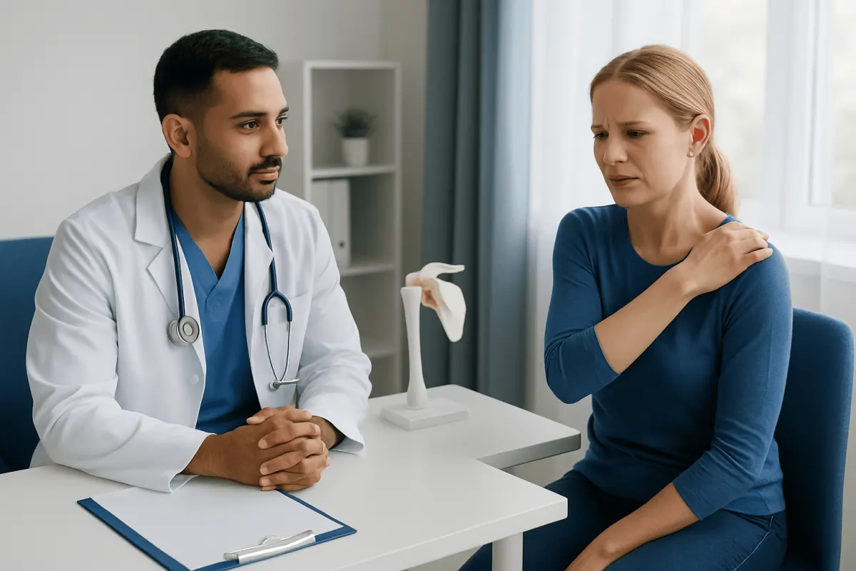 Doctor consulting a patient with shoulder pain in a medical office.