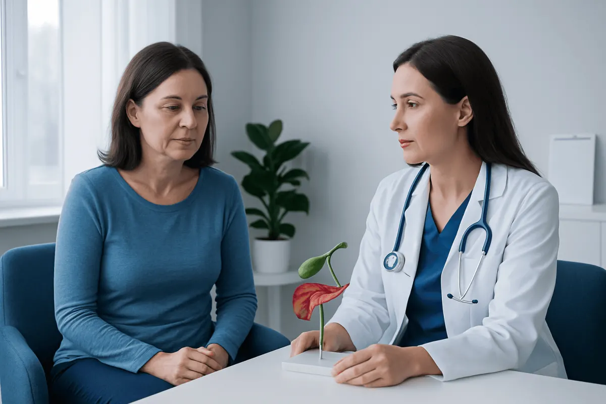 Doctor consulting with female patient in a medical office.