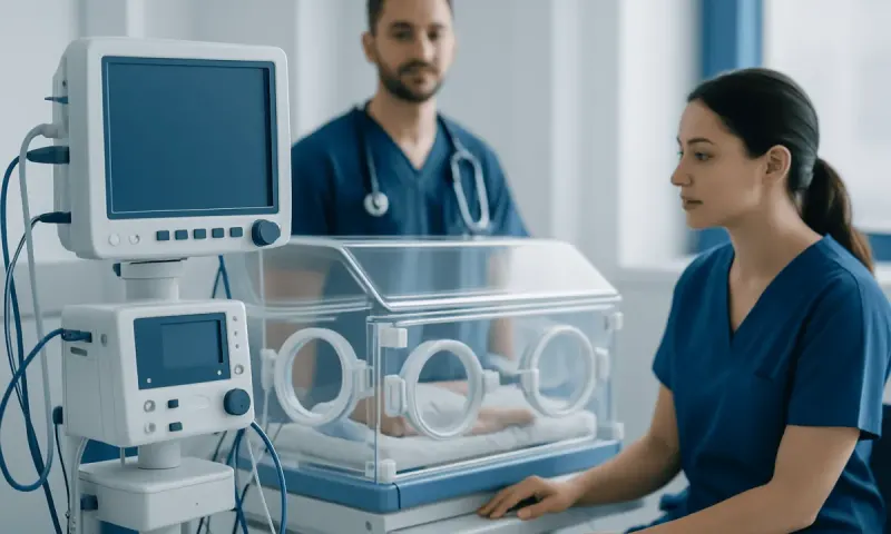 Neonatal intensive care unit with incubator and medical monitors.