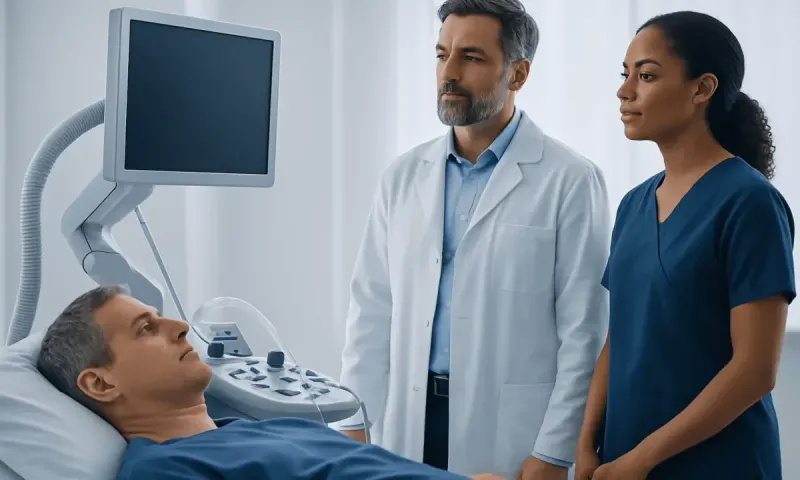 Doctor and nurse with patient during medical examination at hospital.