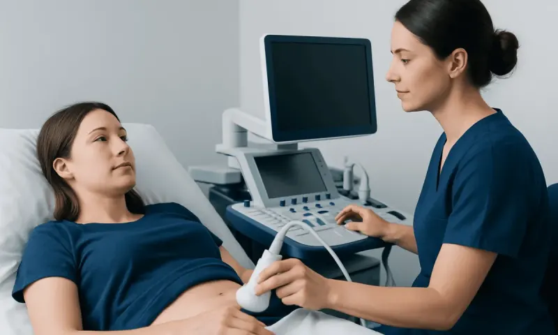 Pediatric ultrasound examination for urachal remnant diagnosis.