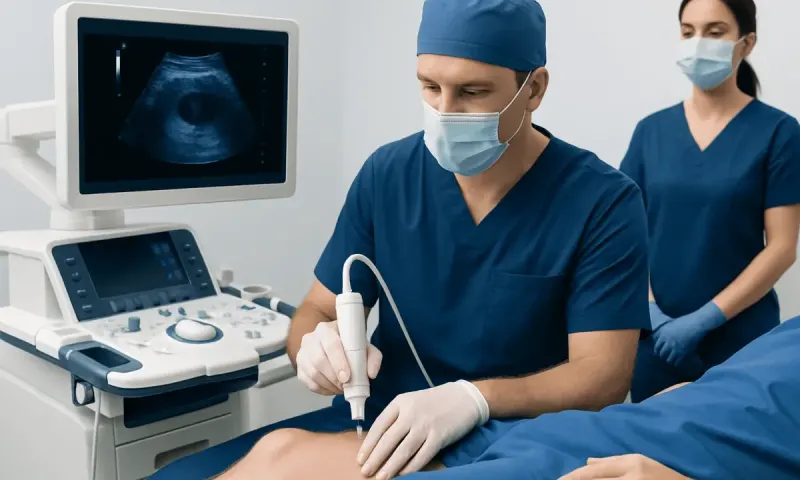 Urologist performing transperineal prostate biopsy with ultrasound guidance.