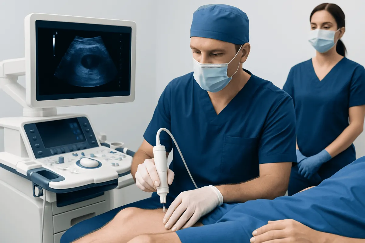 Urologist performing transperineal prostate biopsy with ultrasound guidance.