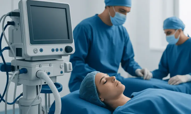 Surgeons perform a procedure in an operating room with advanced medical equipment.