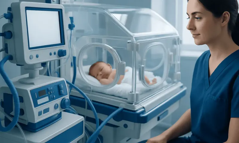 Neonatal intensive care unit with a nurse and a newborn in incubator.