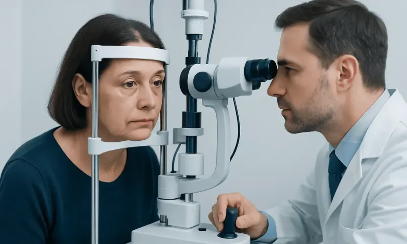 Ophthalmologist examining a woman's eyes with a slit lamp microscope.