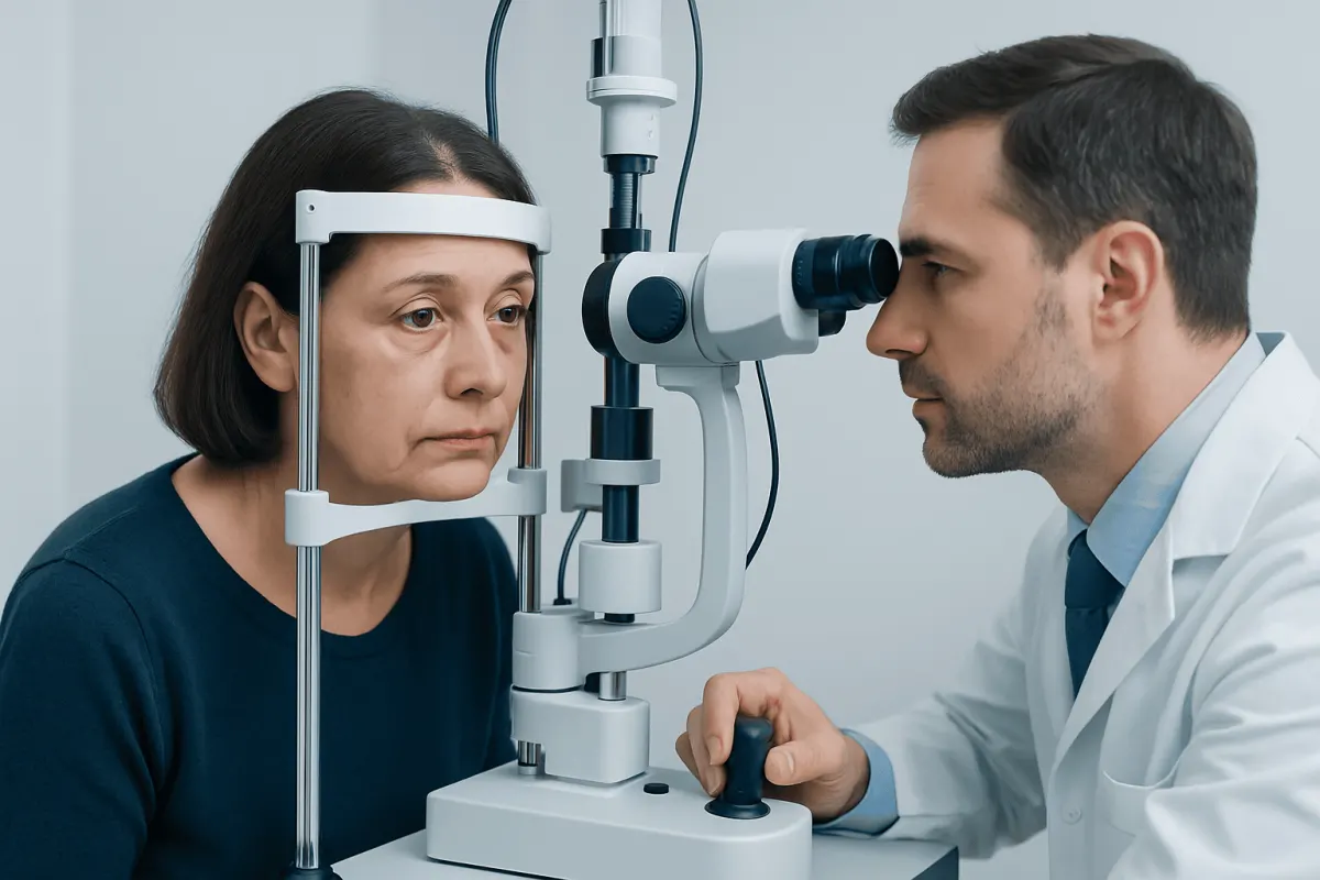 Ophthalmologist examining a woman's eyes with a slit lamp microscope.