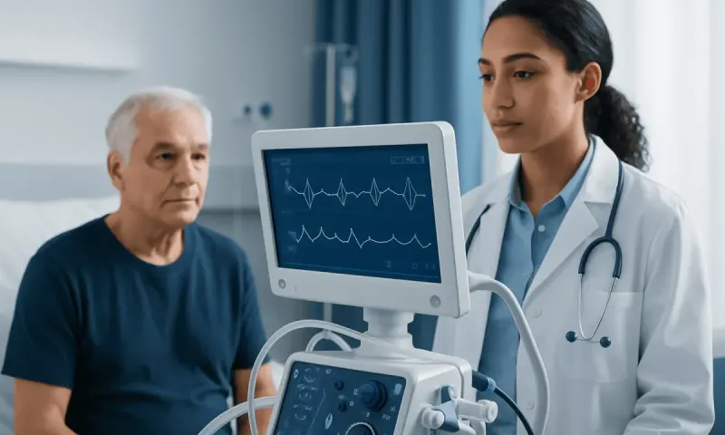 Doctor monitoring heart health with ECG machine in hospital setting.