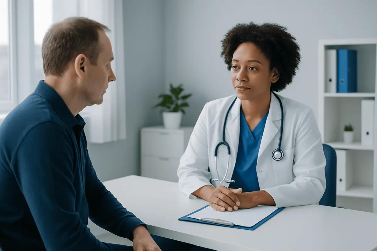 Doctor consulting with patient in a modern medical office.