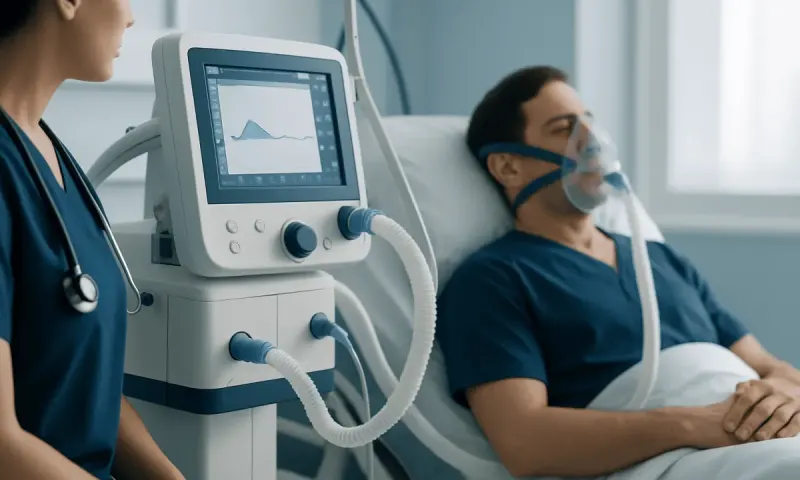 Patient receiving respiratory treatment in hospital with medical staff present.