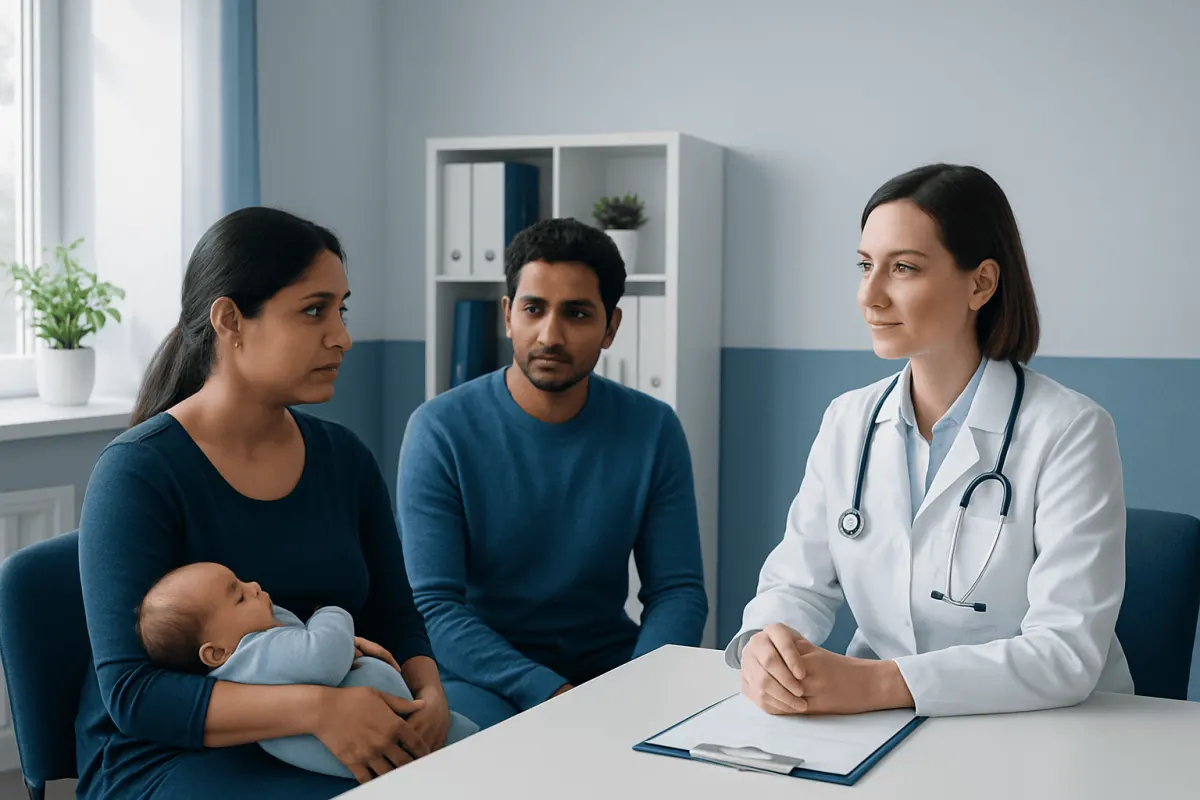 Doctor consulting new mother and family in hospital setting.