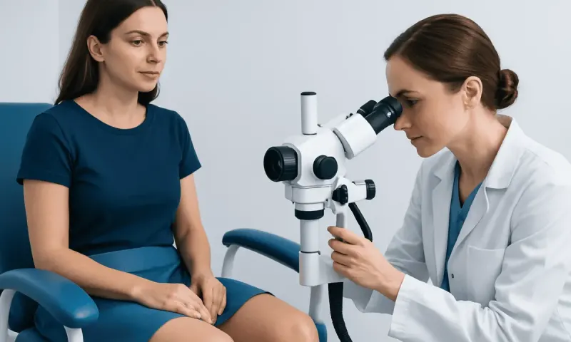 Doctor examining patient with a microscope in a clinical setting.