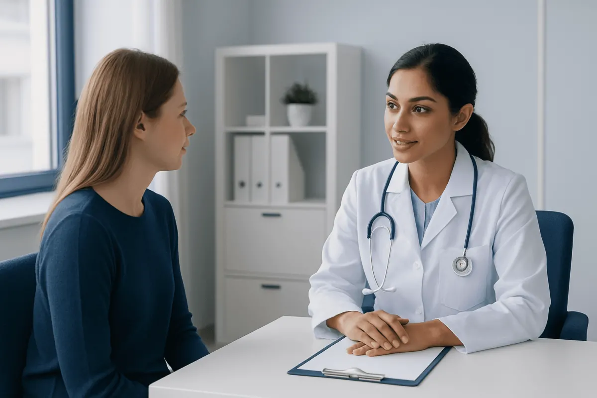 Doctor consulting with a patient in a modern medical office.
