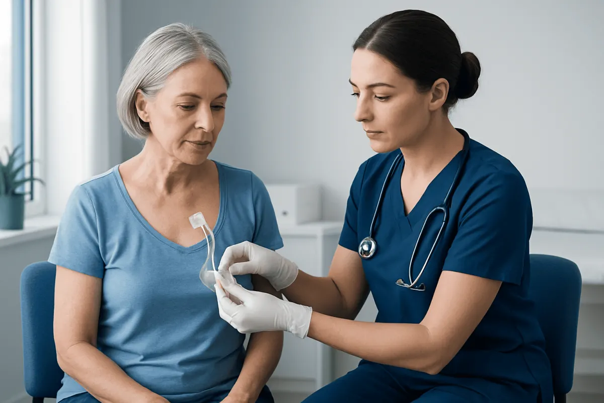 Nurse changing Hickman catheter dressing on elderly patient in hospital.