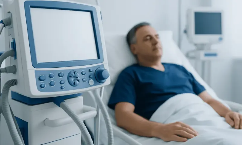 Patient resting in hospital bed with medical monitors nearby.