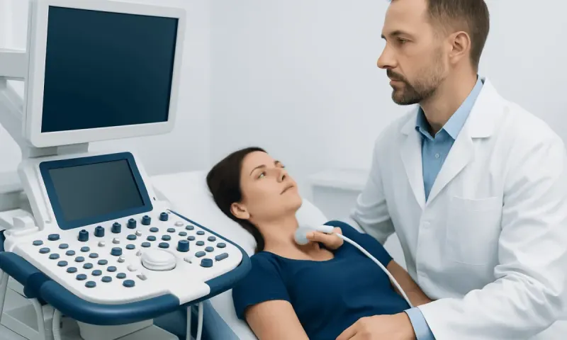 Doctor performing an ultrasound exam on a patient in a medical clinic.