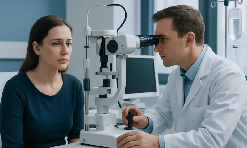 Ophthalmologist examining a patient's eye with a slit lamp in a clinic.