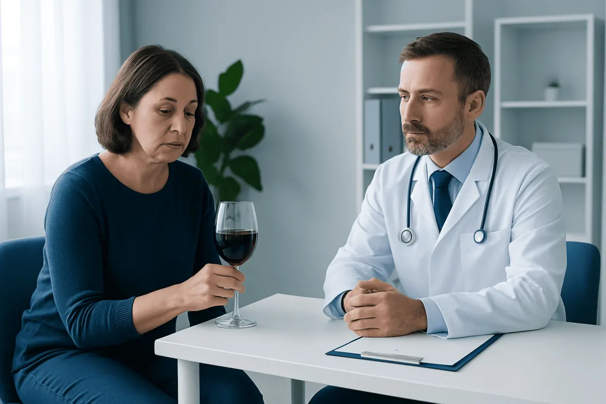 Doctor consulting with a woman about her health with a glass of wine on the table.