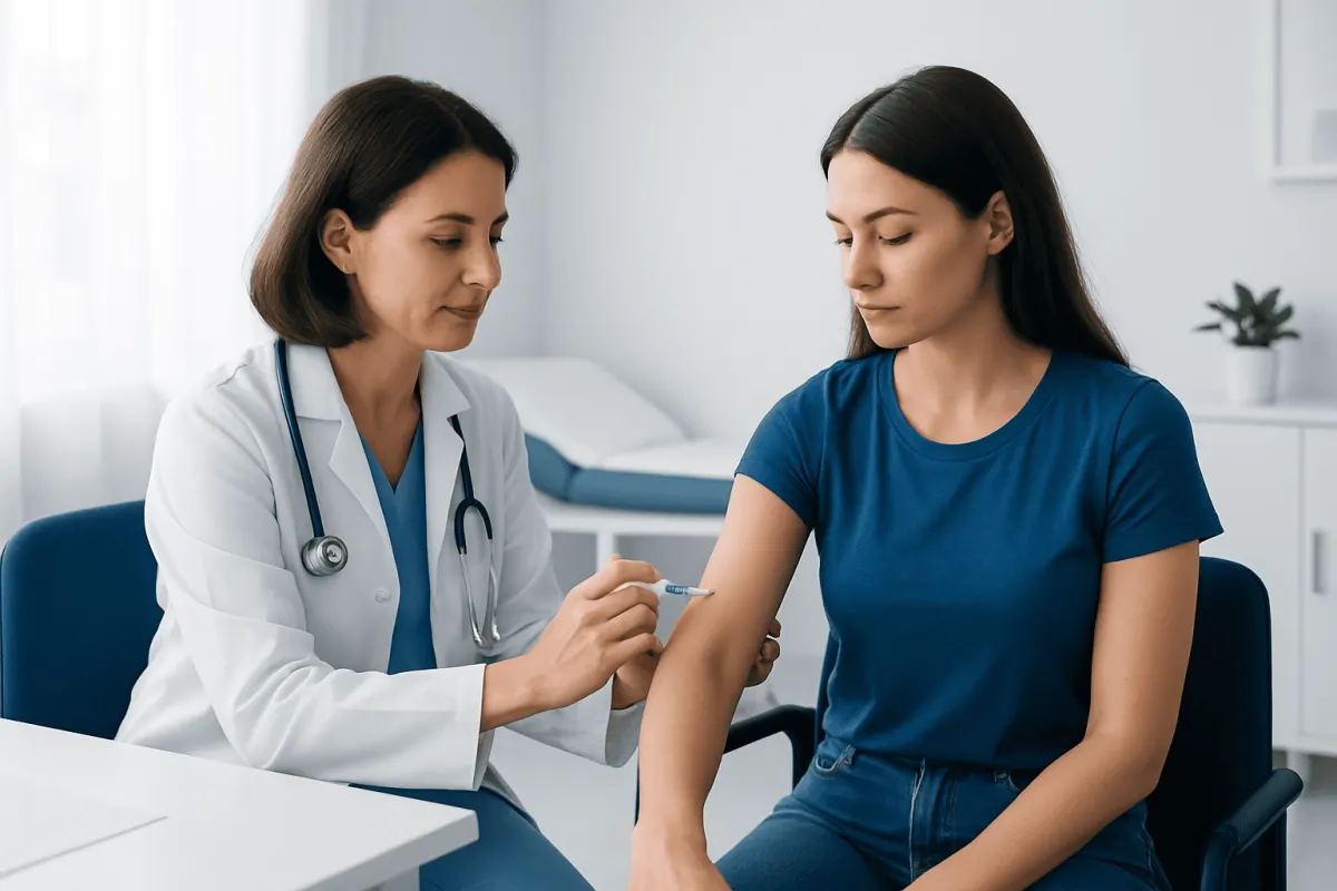 Doctor administering MMR vaccine to a young woman in a clinical setting.
