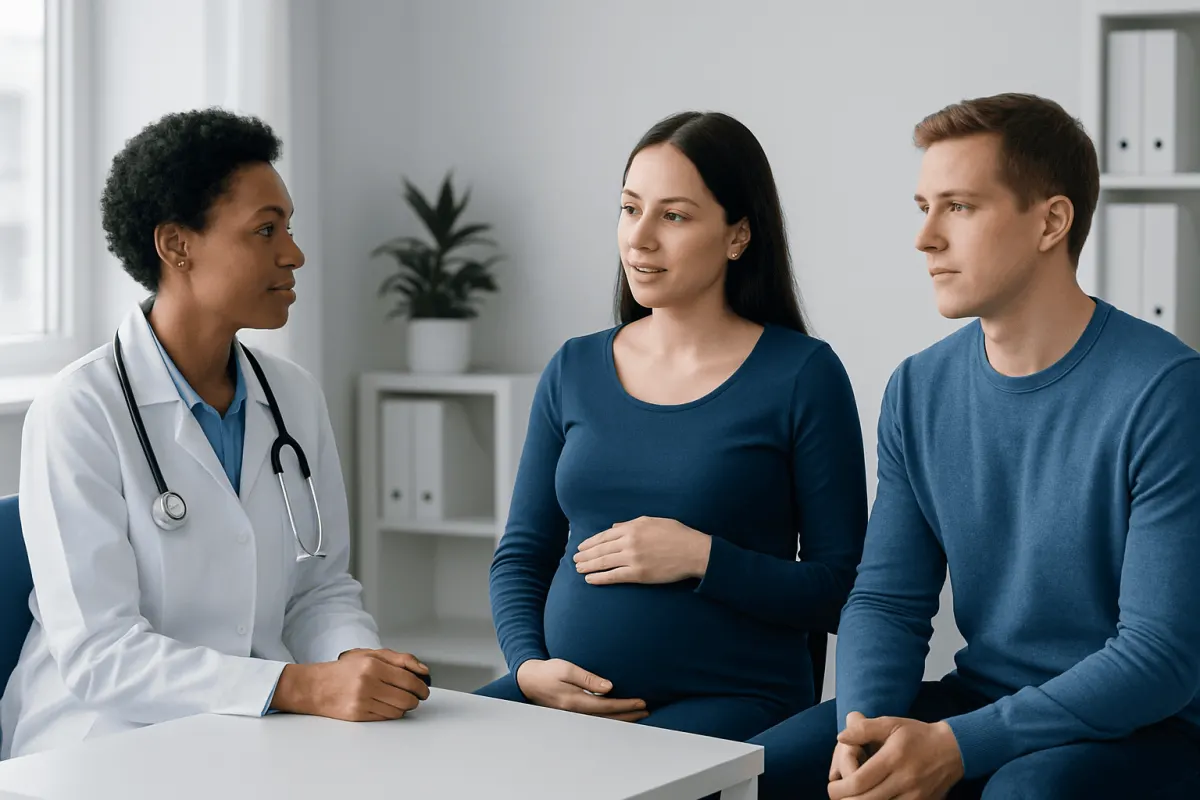 Doctor consulting pregnant woman with partner in a medical office.