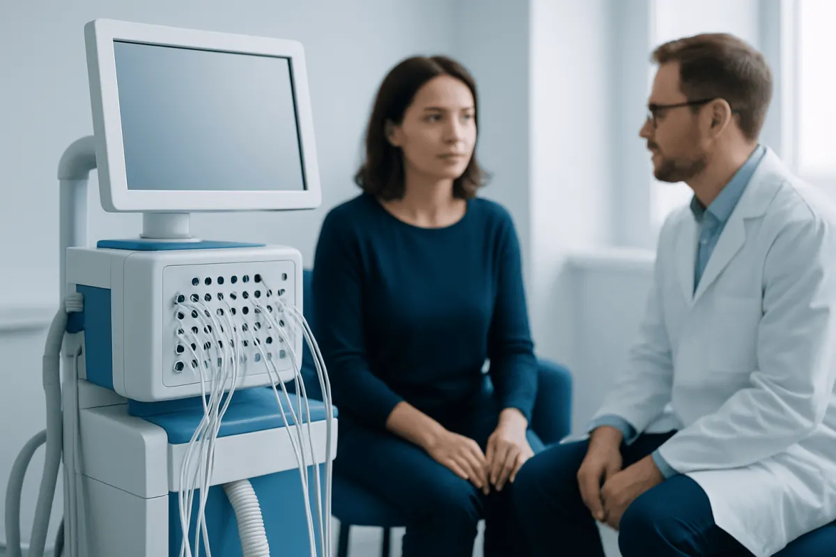 Doctor consulting a patient in a medical examination room with diagnostic equipment.