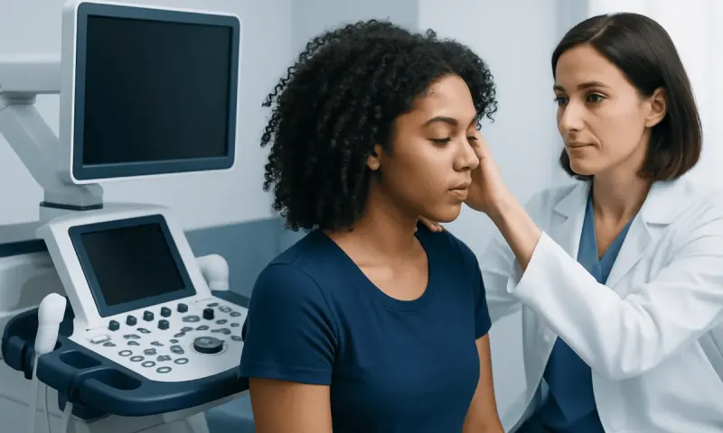 Doctor examining a woman's neck in a medical clinic setting.