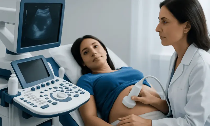 Medical professional performing an ultrasound on a pregnant woman in a hospital.