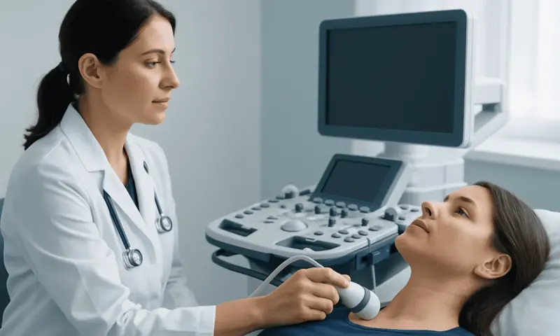 Doctor performing thyroid ultrasound on patient in medical clinic.