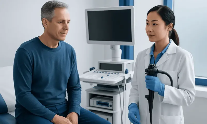 Doctor explaining digital rectal exam to male patient in clinic.