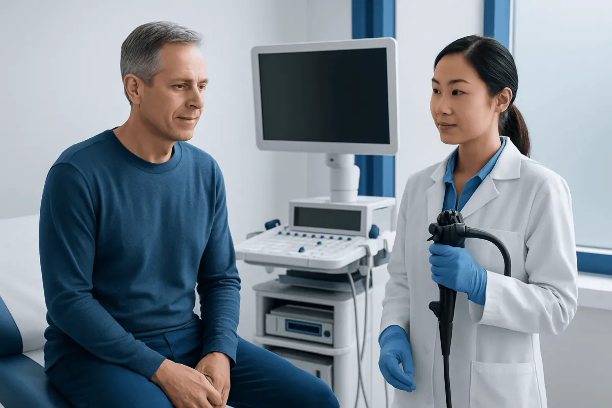 Doctor explaining digital rectal exam to male patient in clinic.