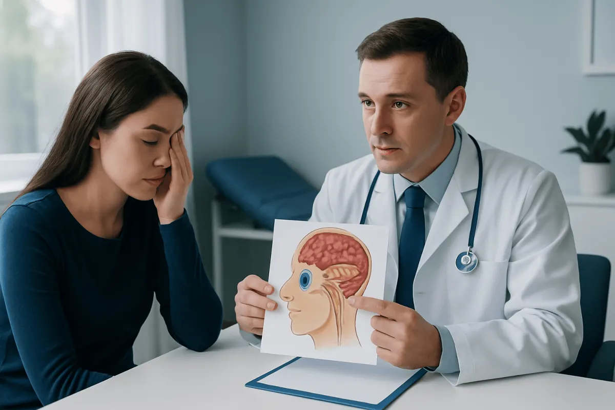 Doctor explaining brain anatomy to a patient with concussion symptoms.