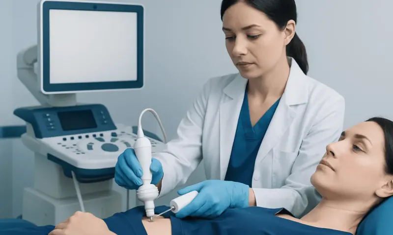 Medical professional performing core needle biopsy on patient in hospital.