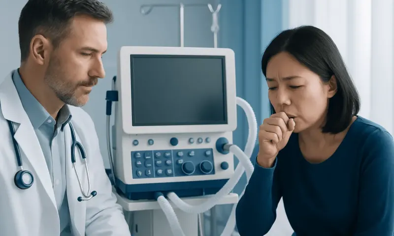 Doctor examining a patient with a cough in a hospital room.