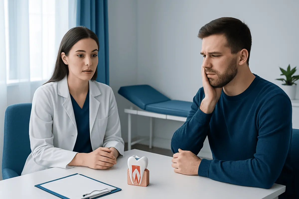 Dentist consulting with patient about dental health concerns.